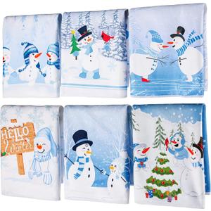 Panelee 6 Pcs Winter Kitchen Towels for Hello Winter Bathroom Blue Christmas Snowman Hand Tea Towels 12 x 18 Inch Absorbent Christmas Decorative for Kitchen Housewarming Cooking Gift