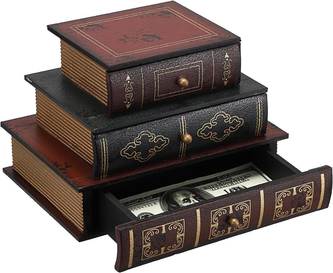 ELLDOO Vintage Decorative Book Box with Three-Layer Drawer, Antique Decorations Wooden Fake Book Jewelry Box Decorative Storage Drawer for Jewelry, Small Items