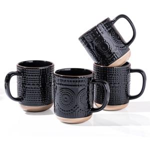 GBhome Large Coffee Mugs Set of 4, 16oz Handmade Stoneware Coffee Mugs Set with Large Handle for Cappuccino/Latte/Tea/Hot Cocoa, Dishwasher & Microwave Safe, Black