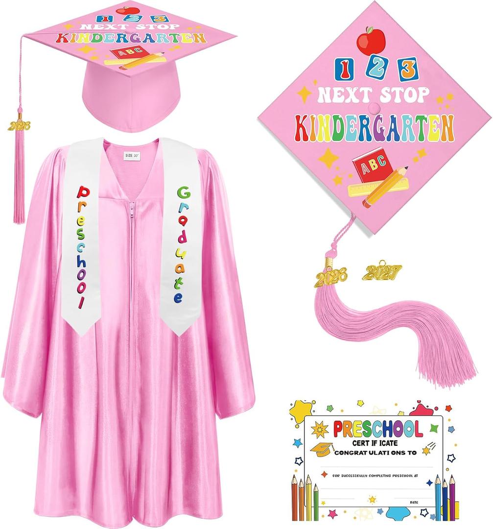 Bokon 4 Pcs 2026 Kindergarten Preschool Graduation Cap and Gown with Tassel Graduation Stole and Certificate for Toddler Kids (Pink)
