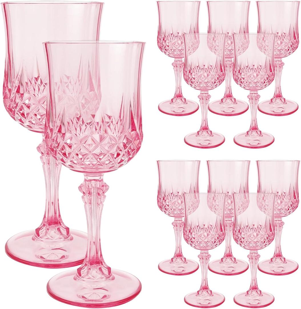 12PCS Plastic Glasses Pink, Reusable Glasses, White Goblet Glass, Sturdy Glasses Cups for Wedding Celebration Birthday Party Tasting New Years Eve Party Supplies