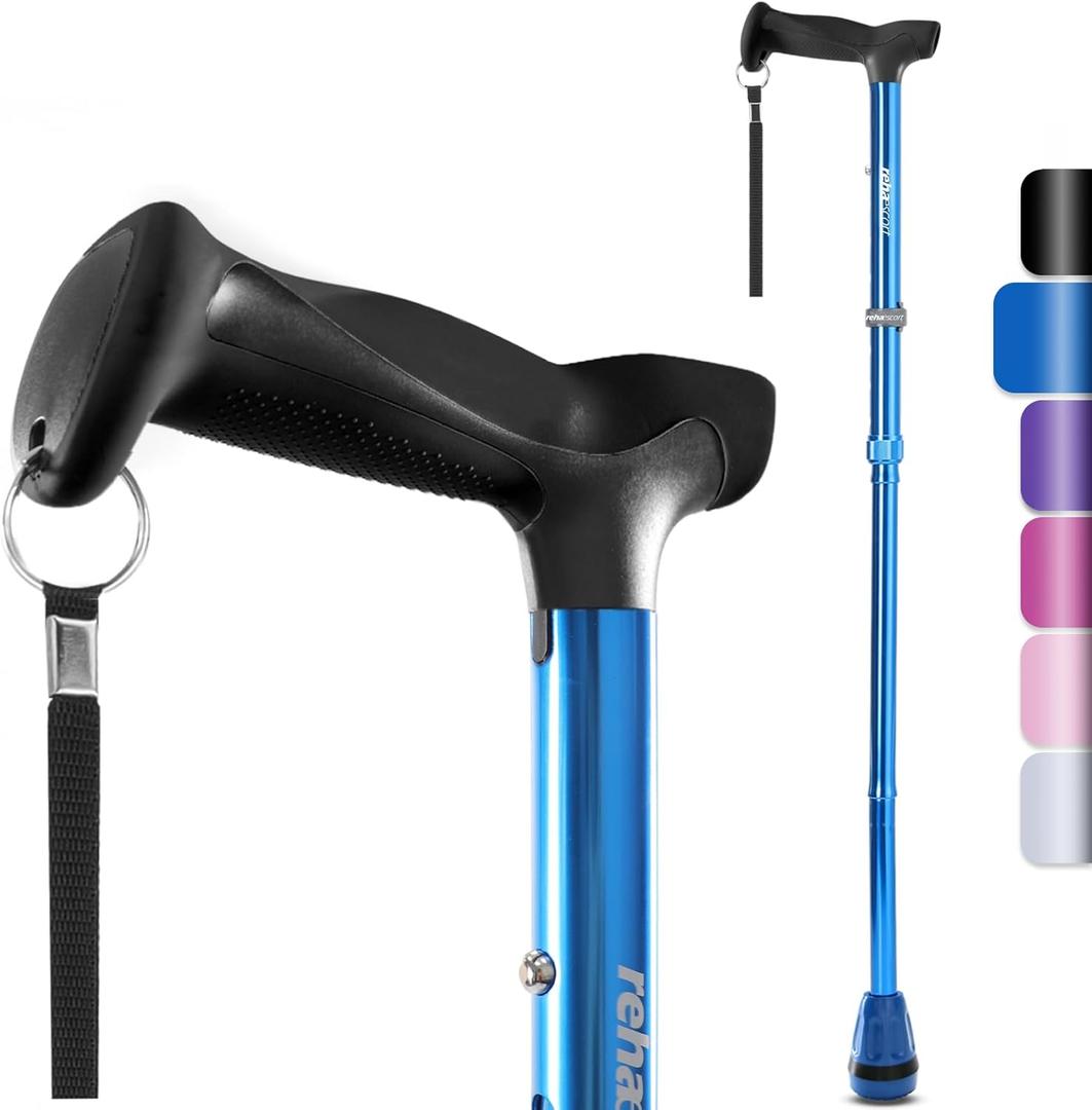 Rehaescort Walking Cane, Folding, Adjustable, Lightweight, Walking Canes for Men & Women, Soft Ergonomic Handle, Heavy Duty All Terrain Tip, Walking Sticks for Seniors & Adults with Travel Bag