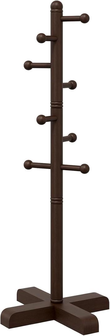 8-Hook Freestanding Wooden Coat Rack 2 Adjustable Heights Brown | Suitable for Bedroom Hallway Entrance Office,Holds Hats Handbags Purses Neatly,Space-Efficient Vertical Stand