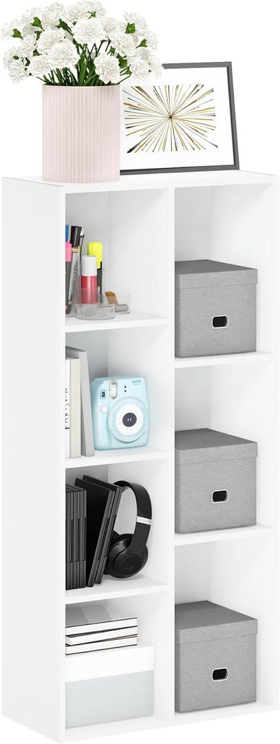 Furinno LUDER Book Shelf, 7-Cube Bookshelf, Bookcase, 9.4" x 19.5" x 41.7", for Living Room, Bedroom, Home Office, White