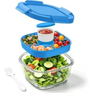 Glass Salad Container,56oz Salad Bowl To Go for Lunch with Airtight Lid,Leak-Proof Sauce Container,4-Compartment Bento Tray & Reusable Fork - BPA-Free Glass Lunch Box for Meal Prep,Office（Blue）