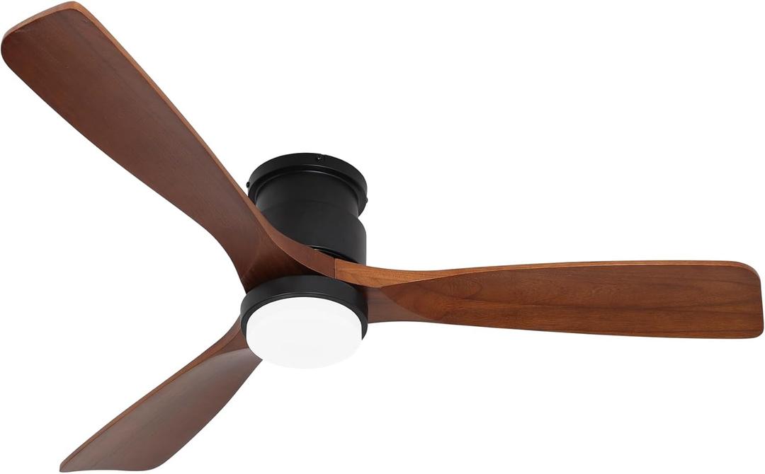 52" Ceiling Fans Flush Mount with Lights and Remote Control, Dark Brown Solid Wood Ceiling Fans for Indoor Outdoor Farmhouse, Timing 6 Speeds 3 Color Light with Memory Lighting