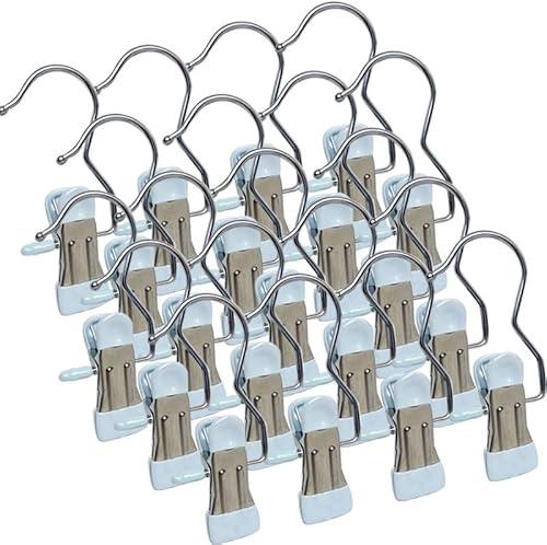 Dxcaicc 15 Pcs Multifunction Hanger Clips,Stain Steel Laundry Hanging Hooks with Clips Heavy Duty Clothes Pins,Portable Metal Drying Clip for Pants,Boots,Bras, Socks, Towels, Underwear,Blue
