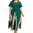 WDIRARA Women's Plus Size Color Block Short Sleeve Belted A Line Flared Midi Dress Green and White 2XL