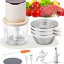 4-in-1 Small Food Processor Cordless Set with 600ml Glass Bowl, 3*240ml Stainless Steel Bowls and 3+4 Blades, USB-C Rechargeable Battery Mini Meat Vegetable Chopper, Electric Kitchen Blender Wireless