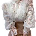 Womens Elegant Lace Trim Shirts Casual Victorian Blouse Long Sleeve Button Down Tops (Small, White)