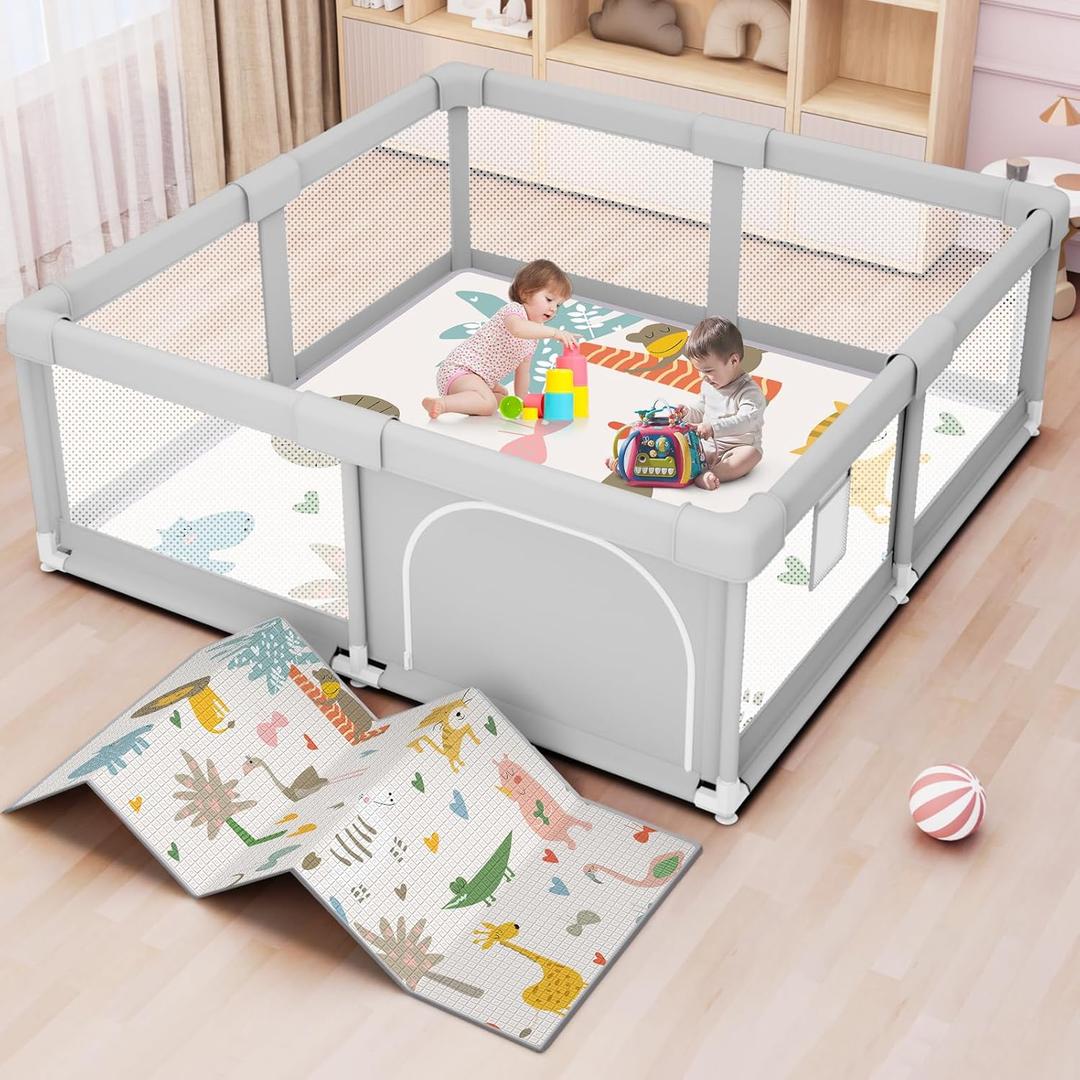Baby Playpen with Mat 50x50 Inch, Play Pen for Babies and Toddlers with Gate, Baby Fence Sturdy Safety Playpen, Indoor & Outdoor Kids Activity Center