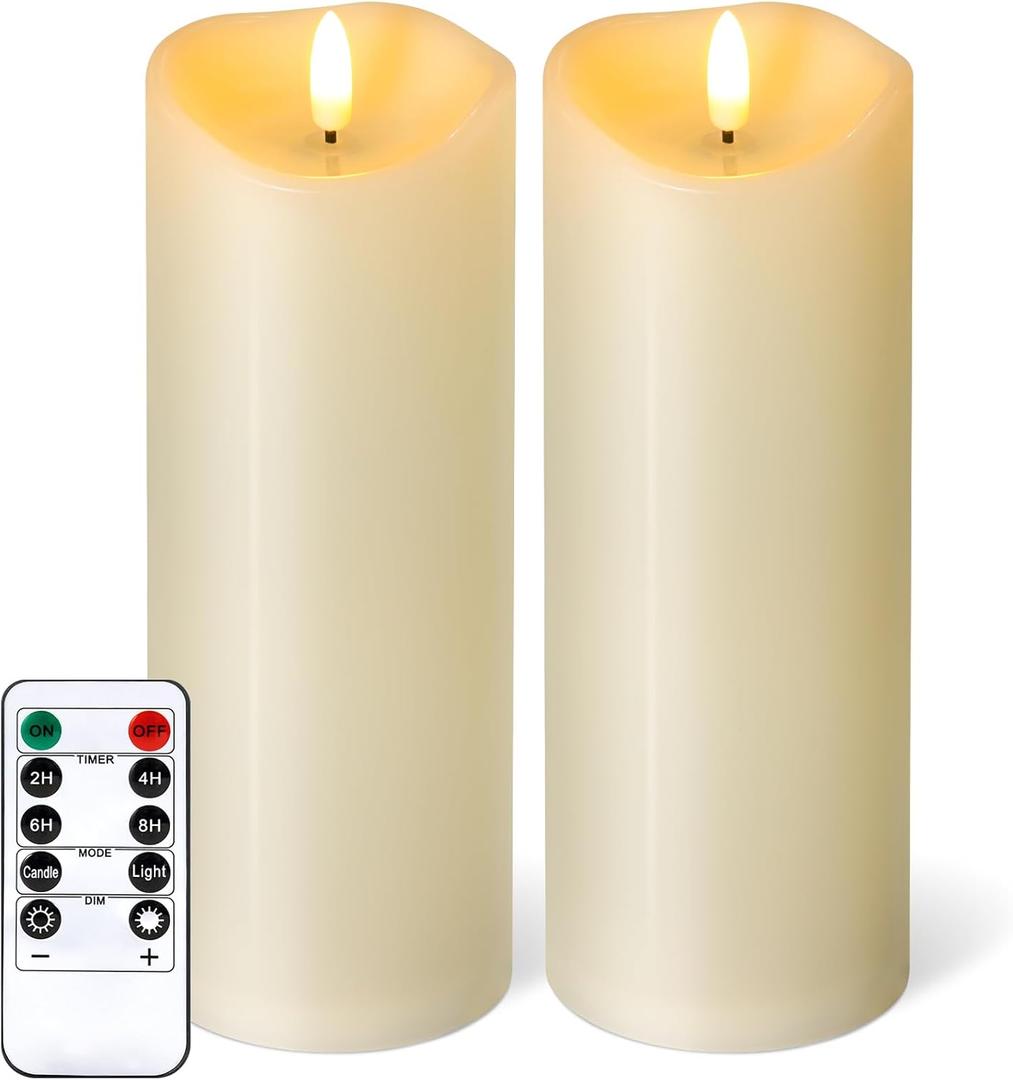 NURADA Outdoor Flameless Candles with Remote Timer - Waterproof Tall Realistic Flickering LED Pillar Electric Battery Operated Fake Candle for Home Wedding Fireplace Decor - Ivory 2 Pack (8" 8")