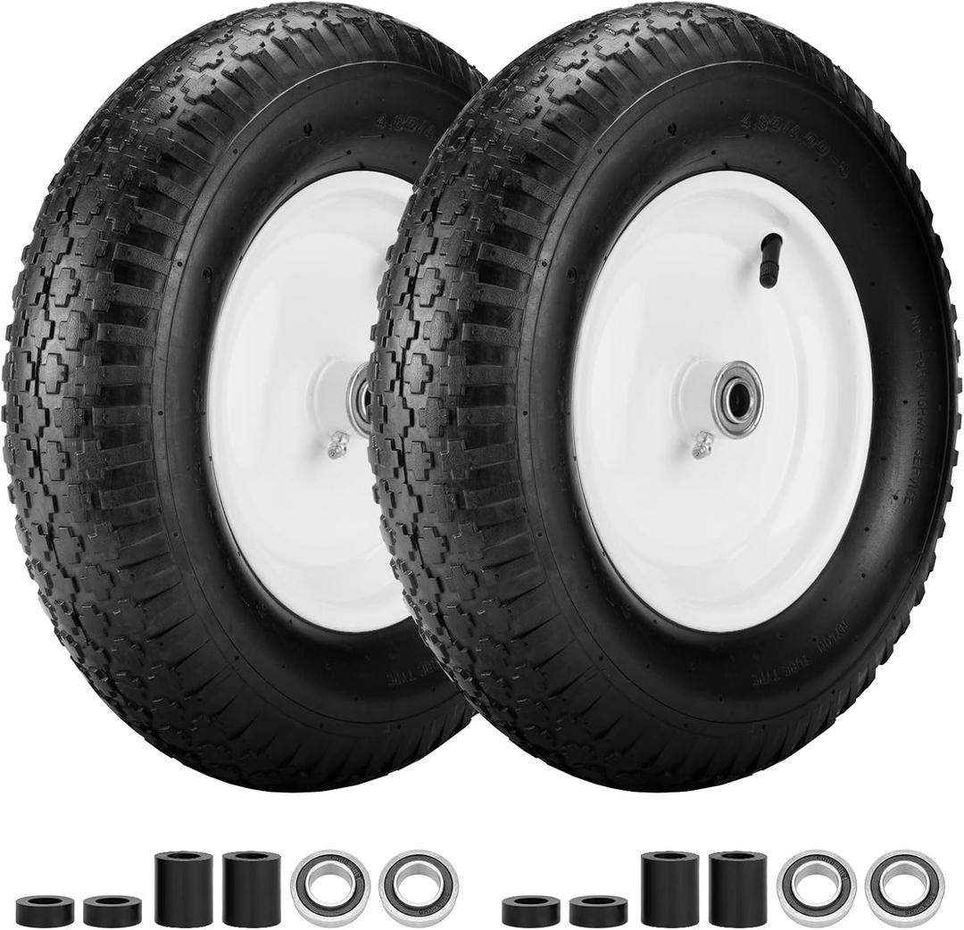 4.80/4.00-8" Air Filled Wheelbarrow Tire,Heavy-Duty Replacement Tire and Inner Tube Set with 3/4 & 5/8 Wheel Bearing and Spacer Kit included,Tubed Tires Non-Slip for Garden Cart Wagon (White)