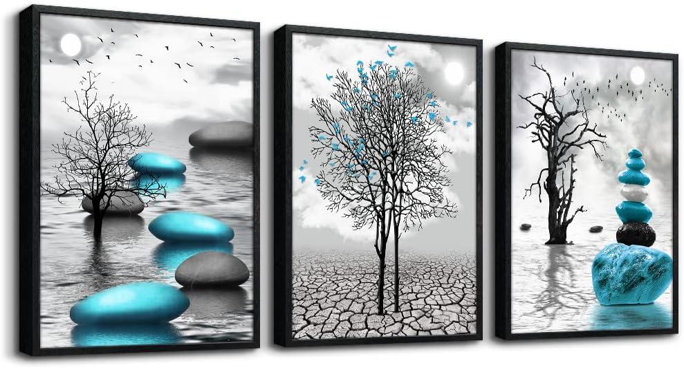Large Black Framed Wall Art for Living Room Wall Decor for Office Bedroom Wall Decoration Blue Abstract Wall Pictures Black and White Paintings Modern Room Aesthetic Home Decor 3 Piece Art Prints (28L" x 20W" (3 Piece), Blue Stone Pictures Black Framed)