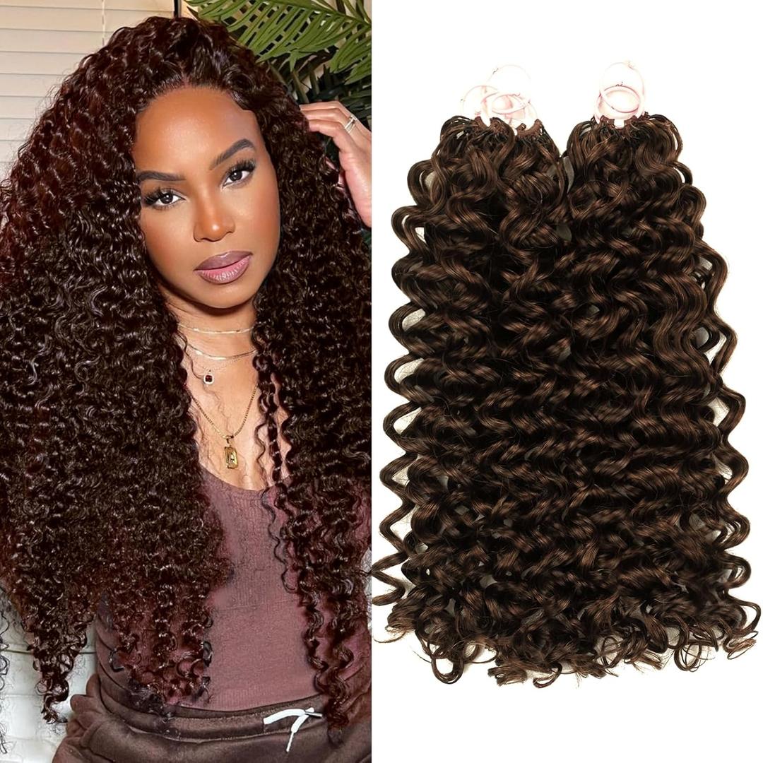 Crochet Human Hair Dark Brown Deep Wavy Curly Human Hair Crochet Extensions 120g Invisible Micro Loop Kontless Human Crochet Hair for Black Women 4# 18Inch 100 Strands(18Inch Brown)