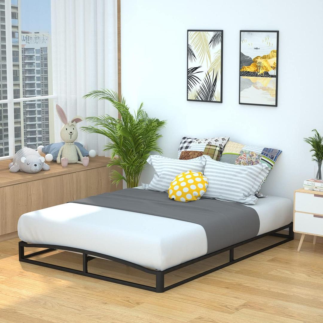 Amazon Basics Metal Platform Bed Frame, with Wood Slat Support, 6 inches High, Queen, Black