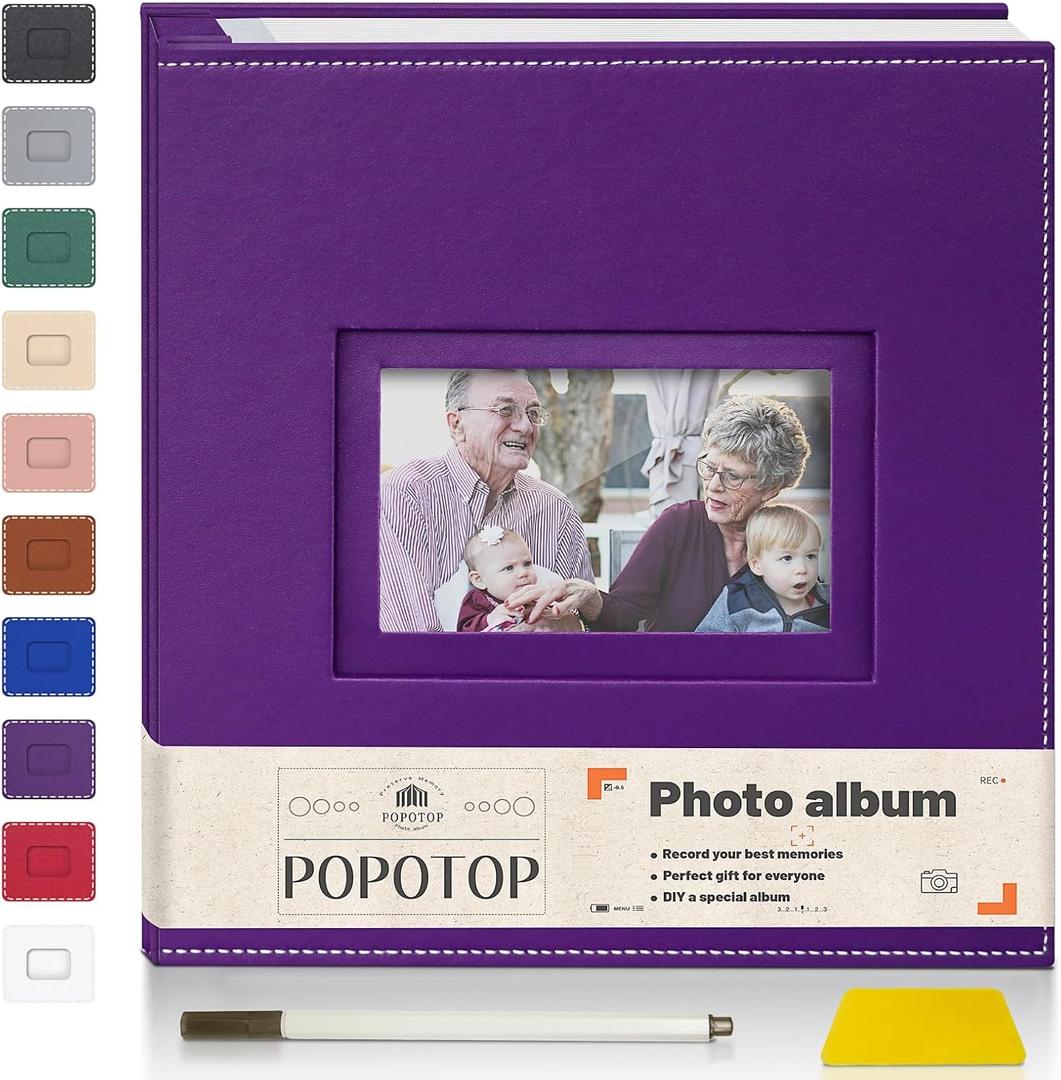 Popotop Photo Album Self Adhesive Scrapbook for 4x6 5x7 8x10 photos for Wedding Gifts & Baby Book, Leather Hardcover DIY Memory Book for Anniversary Family with Postcard, with A Scraper & Metallic Pen (12.6"x13.2" 20pages, Purple)