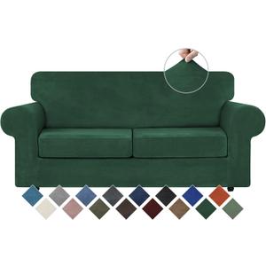 WEERRW Velvet Couch Covers for 2 Cushion Couch Sofa - High Stretch Velvet Plush 3 Pieces Sofa Slipcovers with Elastic Bottom, Furniture Protector for Pets, Machine Washable, Emerald Green, Medium