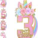 Unicorn 1/2/3/4/5/6/7/8/9th Birthday Number Sign Centerpiece for Girls 11.8 Inch Wooden Table Decoration Unicorn Party Supplies for Kids Anniversary Birthday(Number 3)