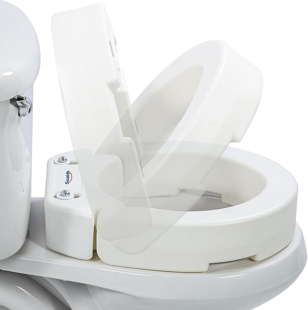 3.5" Hinged Elevated Toilet Seat Riser, Fits Standard Round Toilet
Flip-Up Easy to Clean, Tool-Free Under-Seat Attachment, Supports 300 lbs, Reduces Knee Strain for Seniors & Post-Hip Surgery