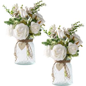 2 Packs Faux Flowers in vase,Fake Flowers with Vase, Artificial Silk Roses in Vase, Artificial Flowers in Vase, Faux Flower Arrangement with Vase for Farmhouse (White with vase)