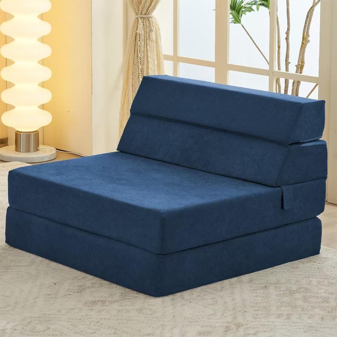 jela Foldable Sofa Bed Soft Foam Convertible Sleeper Chair Luxury Miss Fabric Fold Out Chair Bed Floor Couch with Back Support Floor Sofa for Living Room Bedroom (83"x33",Navy) (Standard)