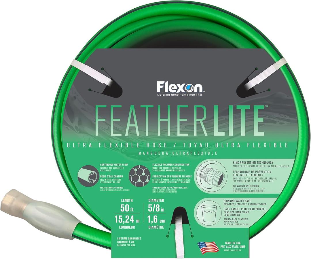 Flexon Featherlite 5/8" x 50-Foot Ultra Flexible Drinking Water Safe Garden Hose  Heavy Duty, Kink-Resistant, Lightweight, Durable, Ideal for Lawn, Garden, and Outdoor Use