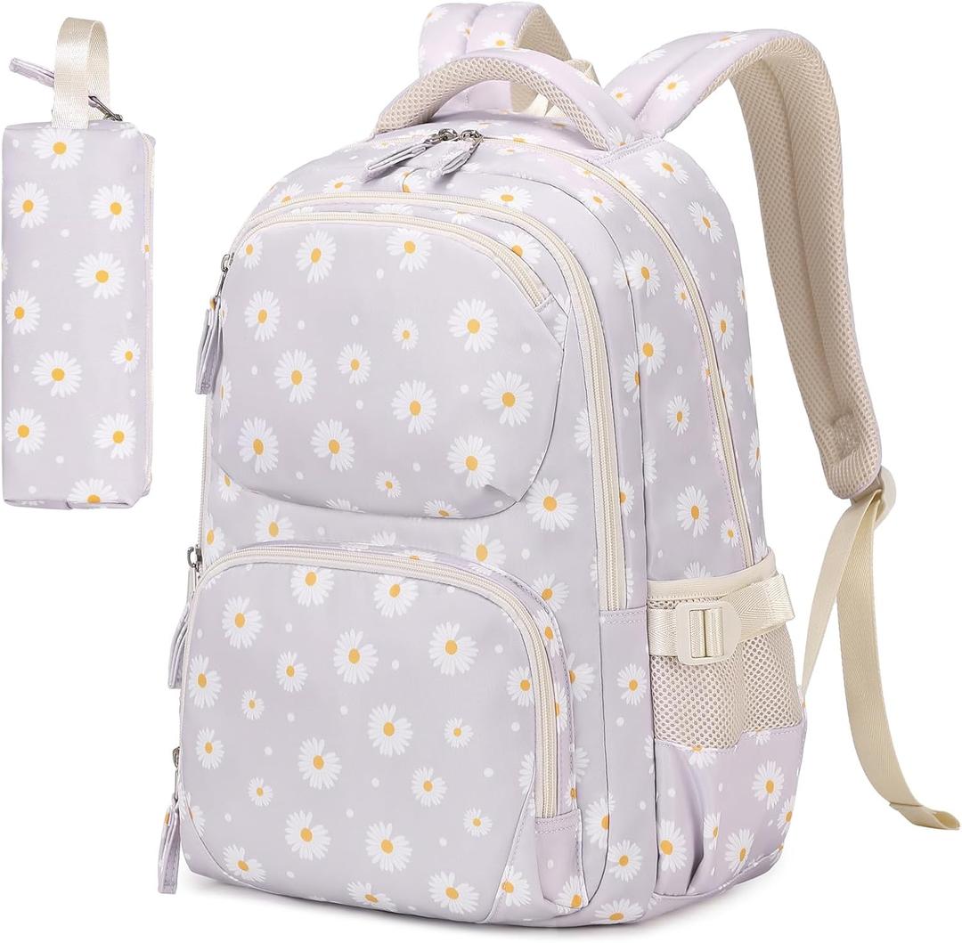 Girls backpack, School Backpacks for Girls with Pencil Case Set School Bags Kawaii Bookbag for Elementary Midde School, Age 6-12, Gray Daisy