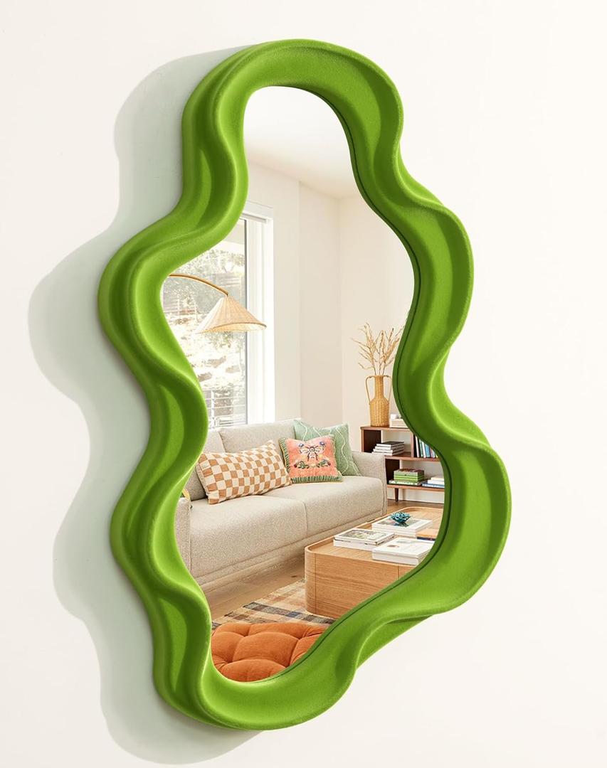 Living Room Mirrors for Wall Decor, Soft Velvet Wall Mounted Cloud Mirror for Girl Teen Women Bedroom Decoration, Cute Hanging Sculpture Home Accent for Dining Room Kitchen (Lawn Green) (16x10")