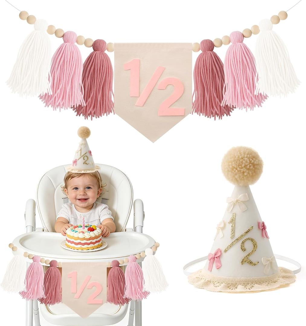 1/2 Birthday Girl, Boho Half birthday Hat with Bow & Pink High Chair Banner, Half Way to One Birthday Decorations