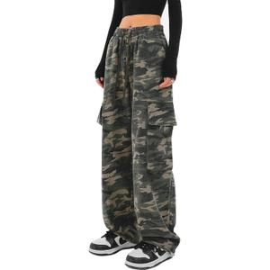 SESERAGI Cargo Pants Women Baggy Streetwear Y2K Drawstring Trousers Wide Leg Pants (Large Long)