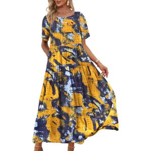 YESNO Women Casual Loose Bohemian Floral Dress with Pockets Short Sleeve Long Maxi Summer Beach Swing Dress EJF (XL)