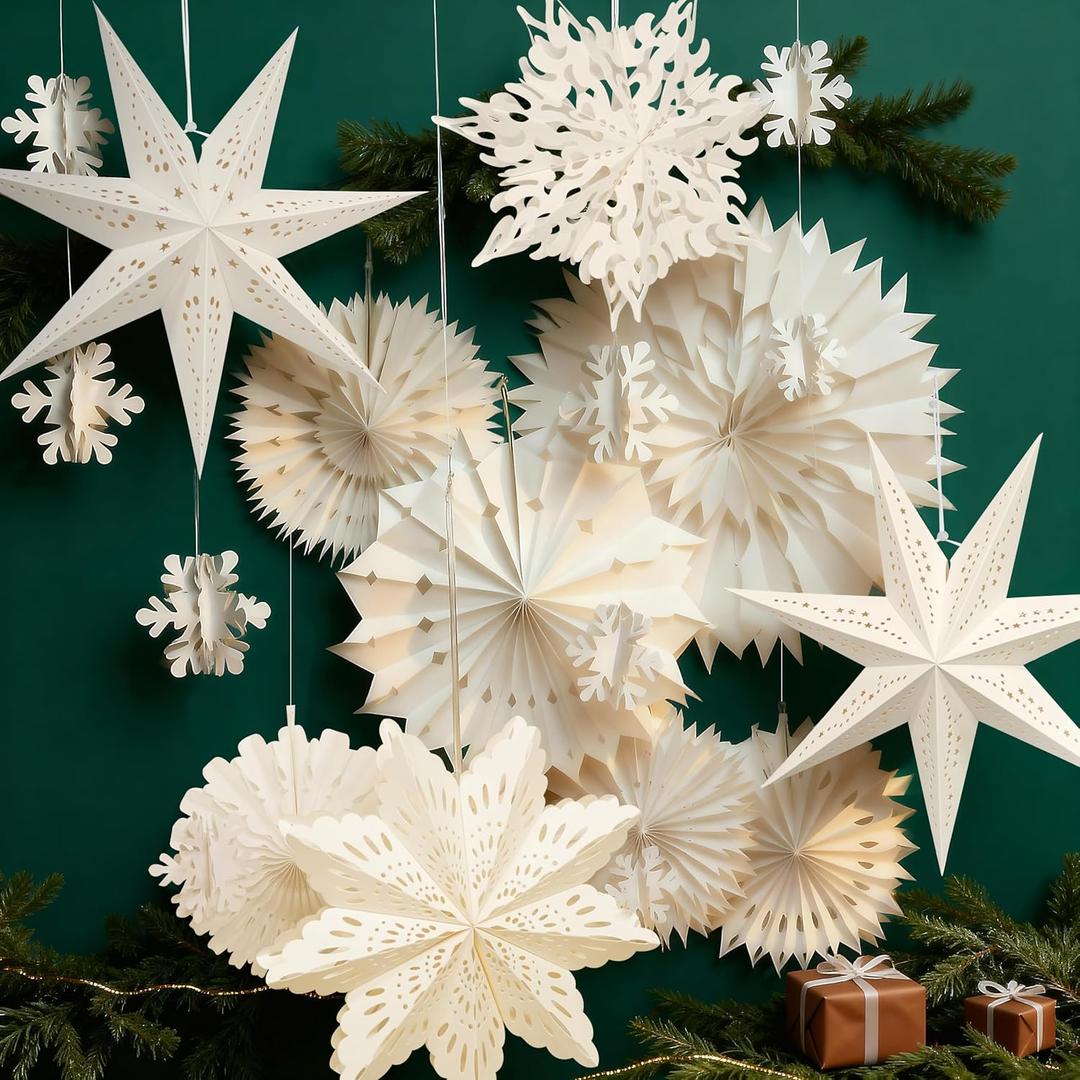 Winter Wonderland Snowflake Party Decorations, Christmas Hanging Decor, White Paper Star Snowflake Lanterns with Lights Paper Fans Garlands Set for Christmas Frozen Winter Birthday Wedding Party Decor
