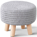 LGENHOOM Boho Ottoman Foot Stool Cotton Knitted Round Pouf Ottoman Foot Rest Stool with NonSkid Wooden Legs Step Stool Padded Seat for Living Room Gray