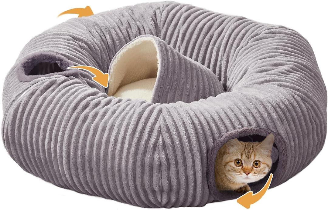 Cat Tunnel Bed for Indoor Cats,Cat Donut Tunnel Toy with Washable Circle Cushion,Blackout Tent, Multifunctional Playground Toys Hideplace for Kitty, Puppy, Rabbit,Ferret (33.5"L x 33.5"W x 10"H, Grey)