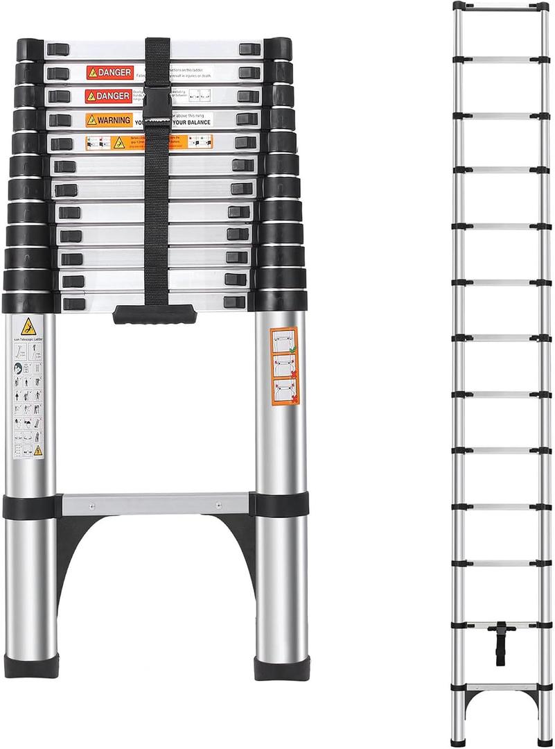 DEZEX 16.5FT Telescoping Ladder, Lightweight Extension Ladder with 2 Triangle Stabilizers & 2 Hooks, Dual Locking Mechanism Design Collapsible Telescopic Ladder for Home, Outdoor, RVs