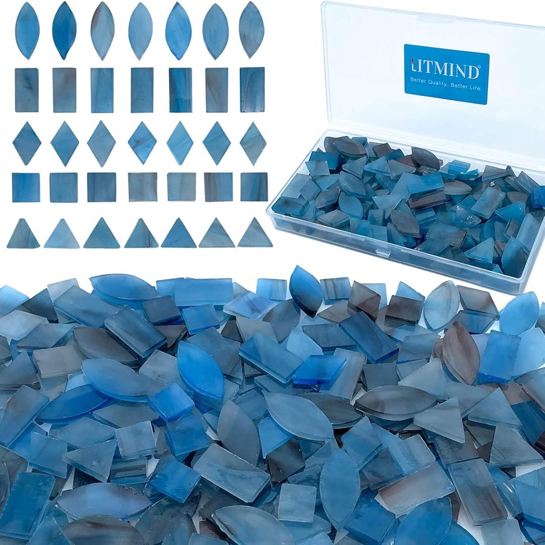 LITMIND Stained Glass Mosaic Tiles Kit for Crafts - Blue & Purple Alternating, 240 Pieces, 5 Shapes Mixed (Rectangle, Triangle, Rhombus, Square, Leaf) - Ideal for Mosaic Art Projects (Opaque) LITMIND Stained Glass Mosaic Tiles Kit for Crafts - Blue & Purple Alternating, 240 Pieces, 5 Shapes Mixed (Rectangle, Triangle, Rhombus, Square, Leaf) - Ideal for Mosaic Art Projects (Opaque)