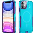 Xmon for iPhone 11 Magnetic Case [Compatible with MagSafe] Tempered Glass Screen Protector with Camera Lens Protector Phone Case Cover for Apple iPhone 11 (Magnetic Aqua Purple)