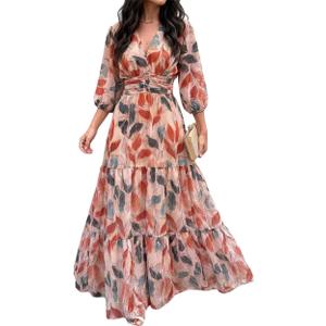 CHICME Womens Summer Boho Maxi Dress V Neck 3/4 Puff Sleeve Floral Flowy Wedding Guest Vacation Beach Long Dress (L)