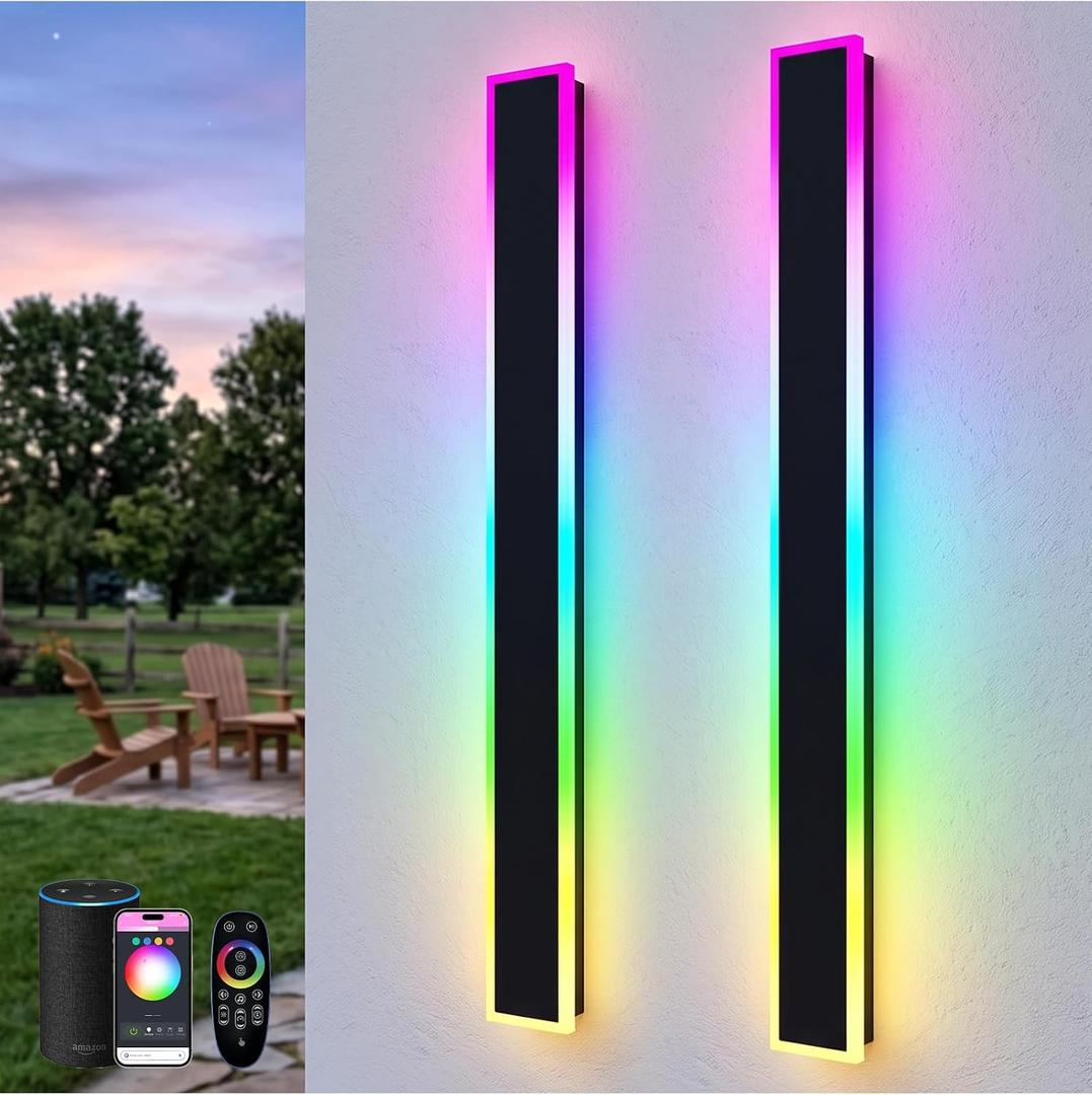 2 Pack 23.6in Modern RGB Outdoor Wall Lights, RGB/Warm/White & 10%-100% Dimmable, IP65 Waterproof, LED Exterior Lighting Fixtures with Voice, Remote and APP Control for Garage, Porch