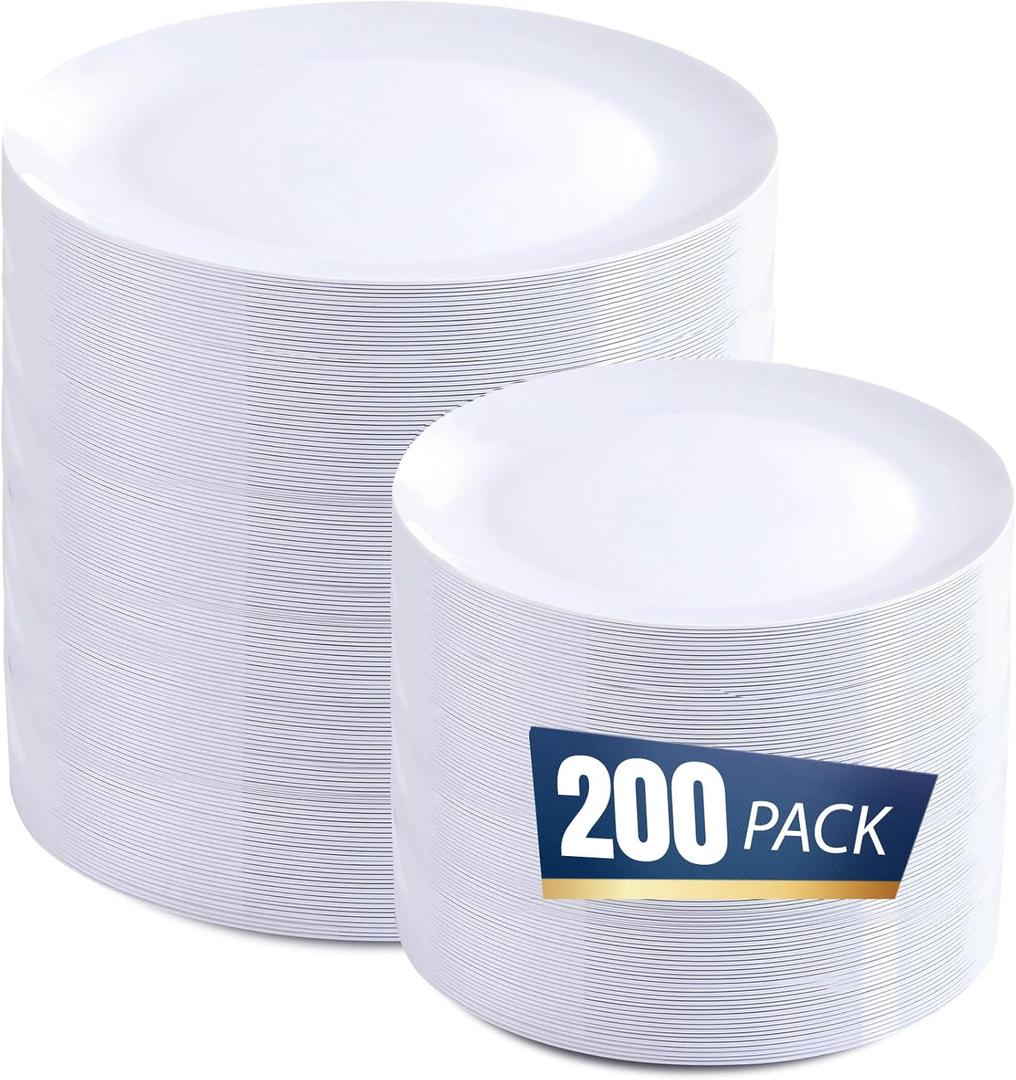 BUCLA 200PCS White Plastic Plates - Heavy Duty White Disposable Include 100 Dinner 10inch & 100 Dessert 7inch Plates, Ideal for Wedding&Party