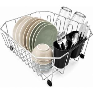 Small Sink Dish Drying Rack, Stainless Steel In-Sink Drainer 13.4" x 11.6" | In sink dish drying rack with removable utensil holder, 8 cup hooks; compact for small kitchens, RVs, apartments and campers.