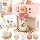 Airlab Kids Coffee Playset Toy Coffee Maker Set for Toddler Wooden Kitchen Accessories Pretend Play for Girls Boys Ages Birthday Gifts Pink