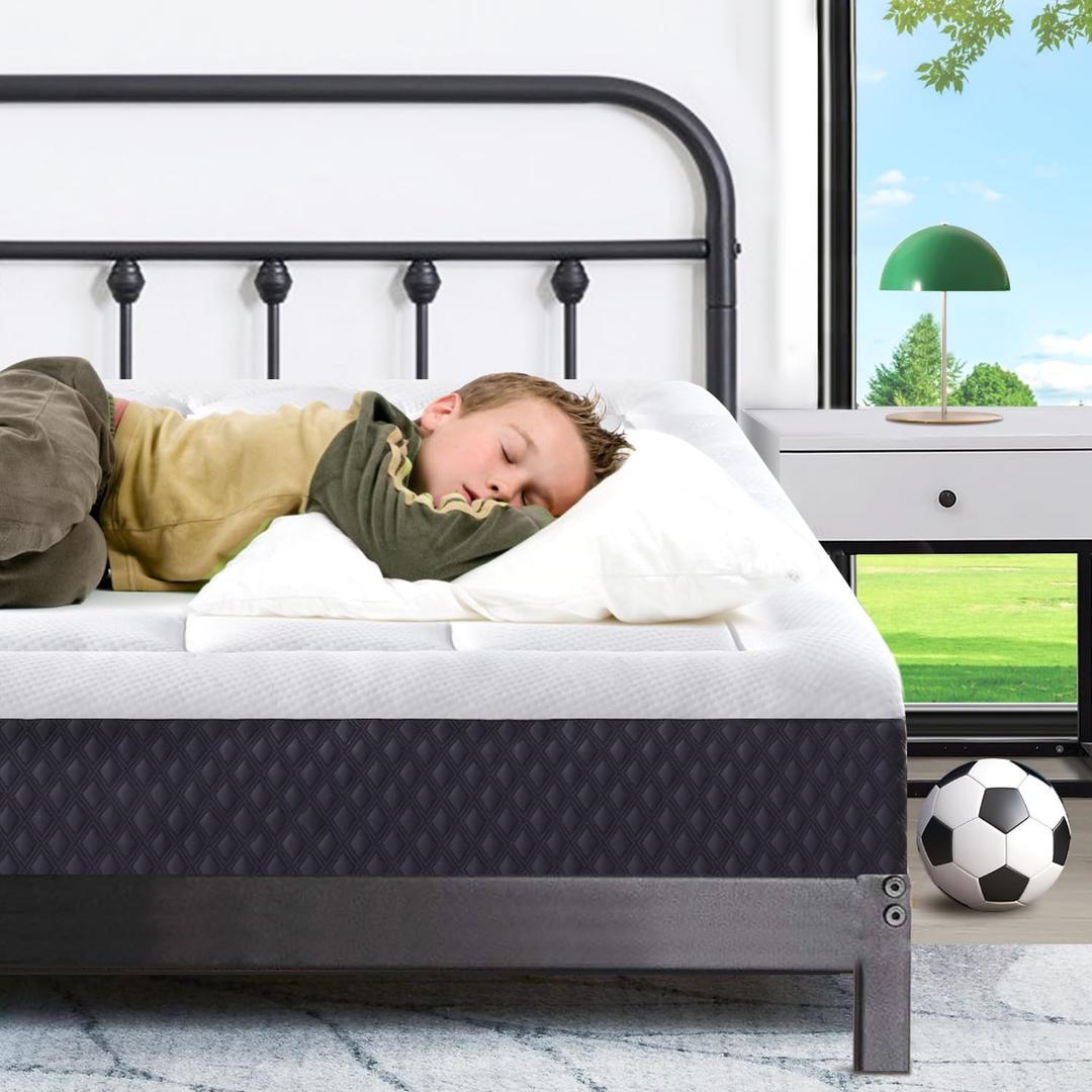 5 Inch Twin Mattress for Kids Adults Single Bed, Breathable Gel-Memory Foam Plus Pillowtop Mattress in a Box for Pressure Relief, CertiPUR-US Certified, Fiberglass-Free (White-black)