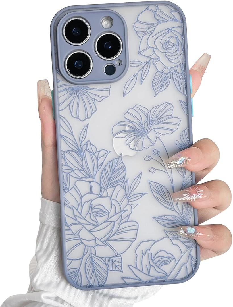 2 x NITITOP Compatible with iPhone 16 Pro Max Case Cute Aesthetic Floral Flower Vintage Rose Pattern Matte Clear Women Girl Full Camera Lens Slim Hard PC Shockproof Pritective Cover - Blue