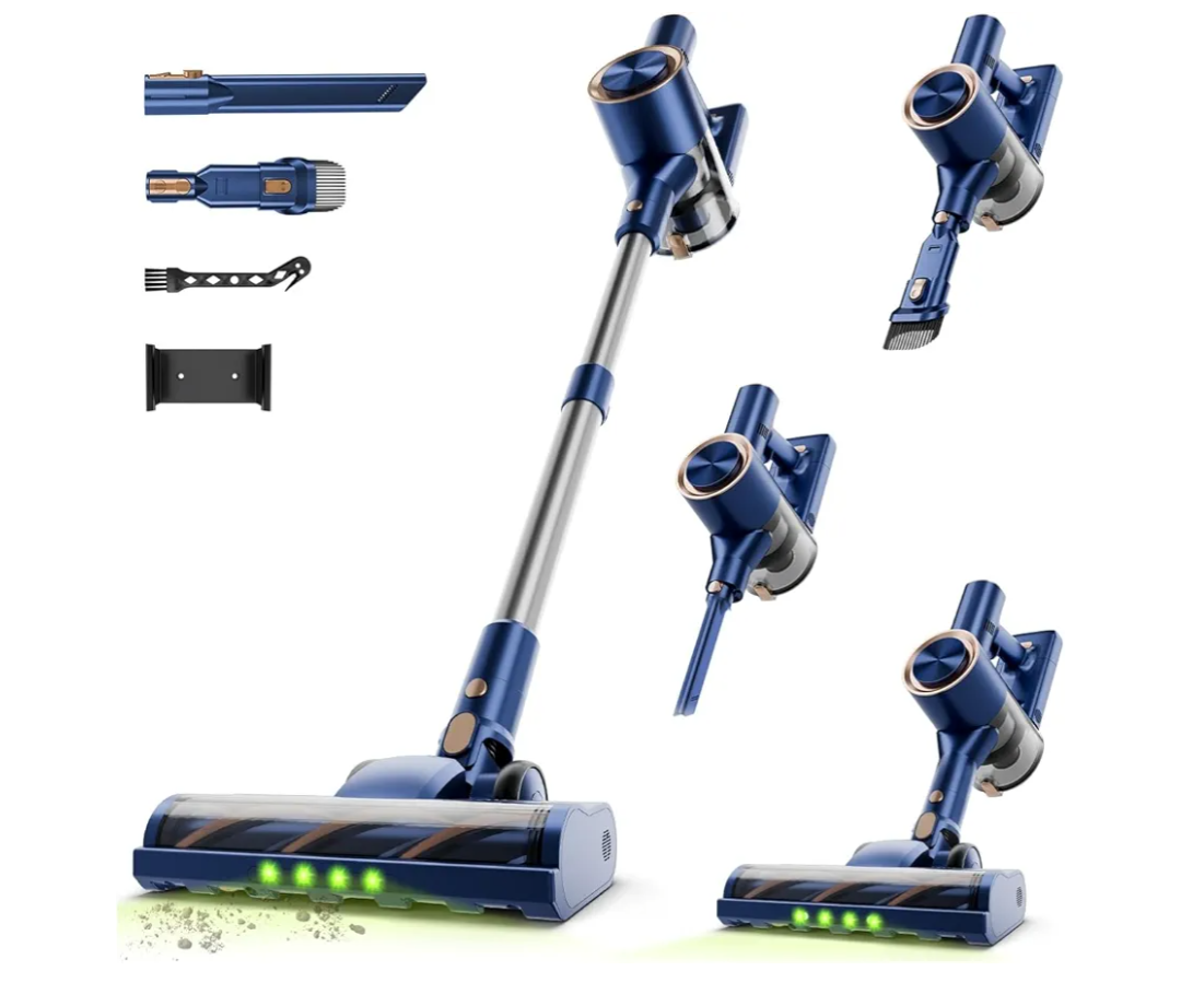 Cordless Stick Vacuum Cleaner - 45KPA Powerful Suction Vacuum with 45 Min Runtime, Detachable Battery, Anti-Tangle & 1.5L Dust Cup, 8 in 1 Vacuum Cleaner for Pet Hair, Carpet, HardFloor, Blue