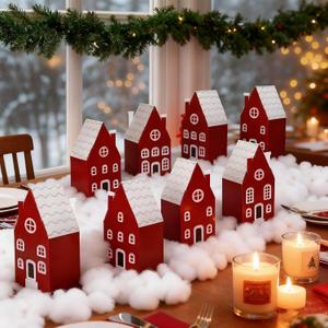 Breling 13 Pcs Christmas Village Set, Red Cardboard Christmas Village House with 500 g Fluffy Snow Cotton in 6 Paper Distinct House for Xmas Tabletop Mantel Display Winter Centerpiece