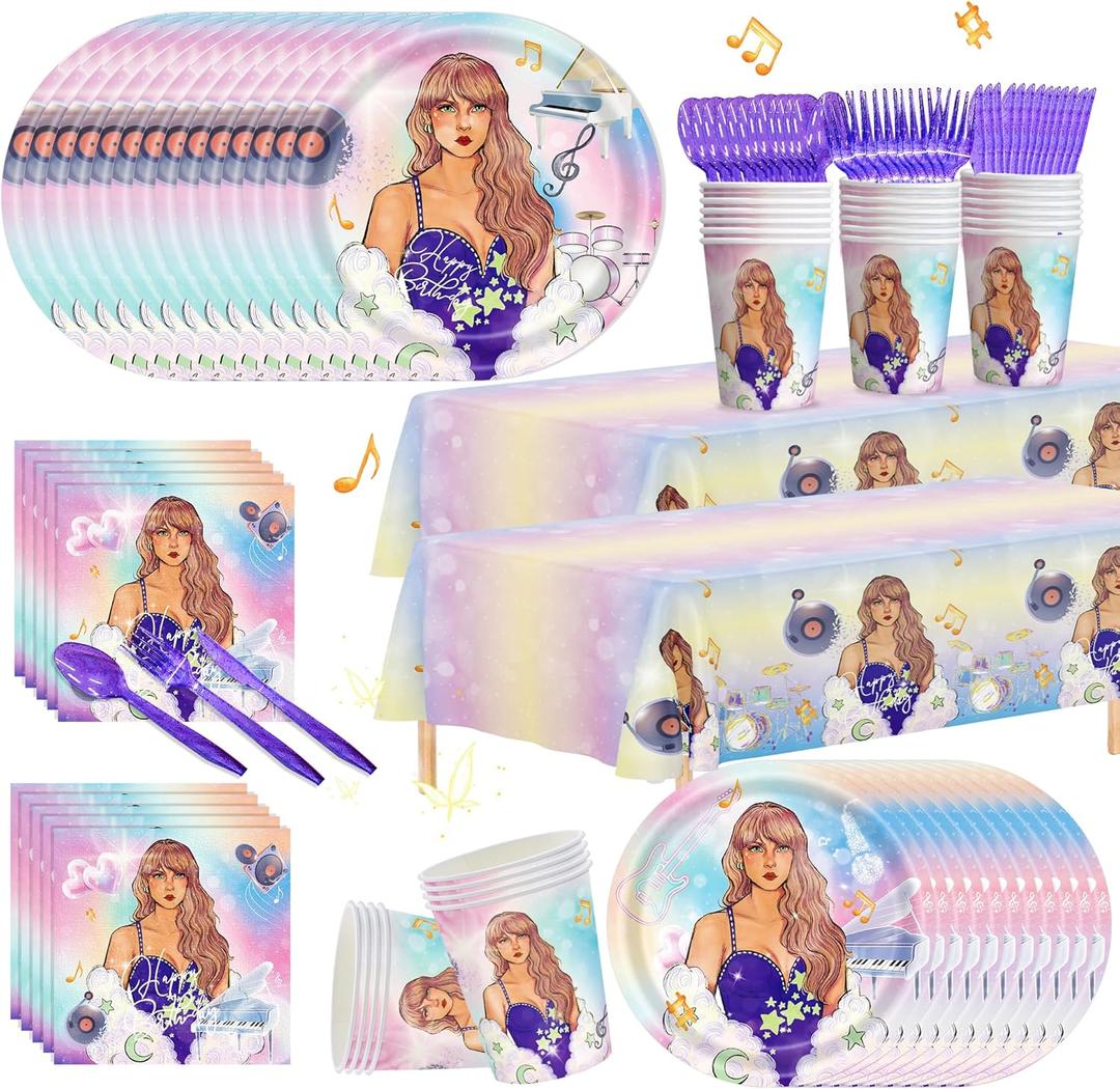 170pcs Birthday Party Supplies Plates Napkins Tablecloth Girls Birthday Decorations Paper Cup Disposable Table Cover Fans Party Decor Severs 24 Guest (Purple)