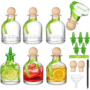 Baderke 6 Pcs 250ml/8oz Patron Shot Bottle Empty for Drinks Mini Tequila Reusable Filling Bottle with Sealing Stopper Pour Spouts Green Ribbon Labels for Wine Wedding Christmas Party Decoration