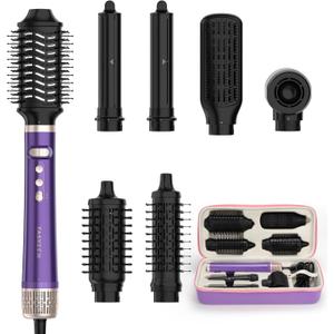 TASNEEM 7 in 1 Hot Air Brush & Rotating Hair Dryer Brush, Air Styler with Auto-Wrap Curlers, Ionic Blow Dryer, Straightener & Oval Brush, Without Heat Damage Multi-Styler with Travel Case (Purple)